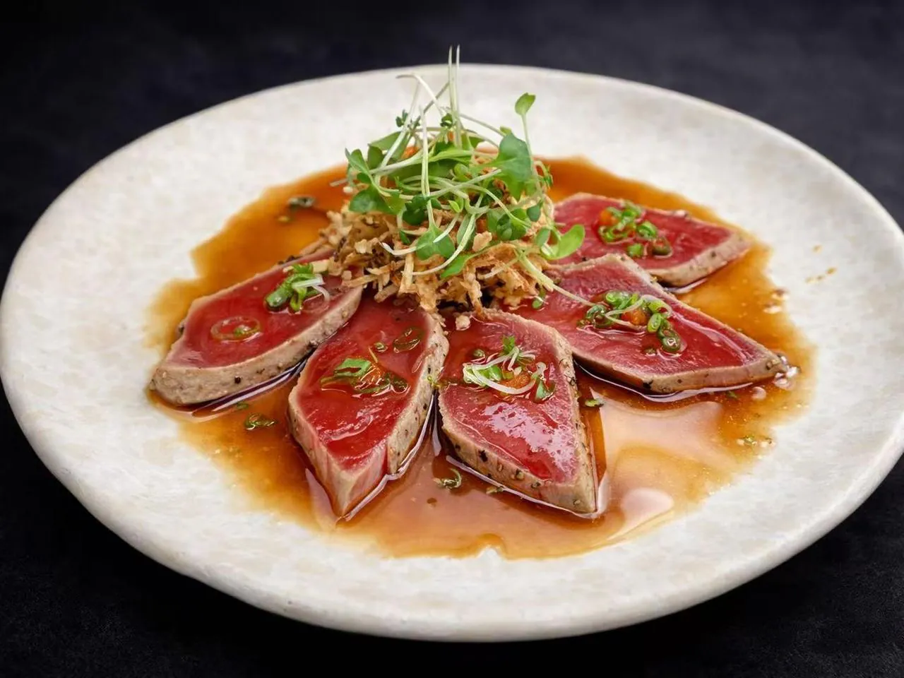Seared tuna with ponzu sauce and crispy garlic at Torii Japanese Inspired, a Japanese Restaurant in Katy
